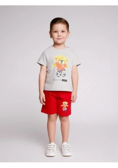 Erkek Bebek Ayıcıklı Pamuklu Şortlu Takım-15829 Gri