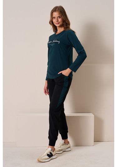 Kadın Penye Uzun Kol Pijama Takımı 3199 Petrol Petrol