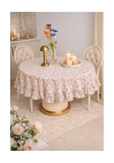 Fırfırlı Yuvarlak Masa Örtüsü Vintage 130 X 130 Cm Bej