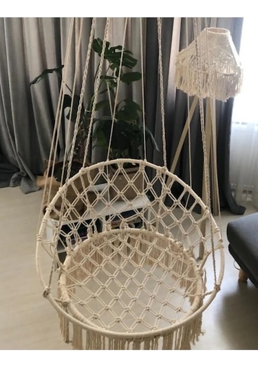 Yılbaşı Makrome Özel Örgü Halatlı Salıncak Hamak Pamuk Ip Ekru