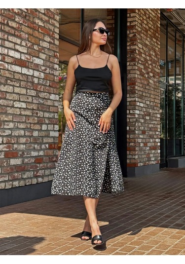 Kev Yazlık Yırtmaçlı Midi Etek 446077333 Siyah Melanj