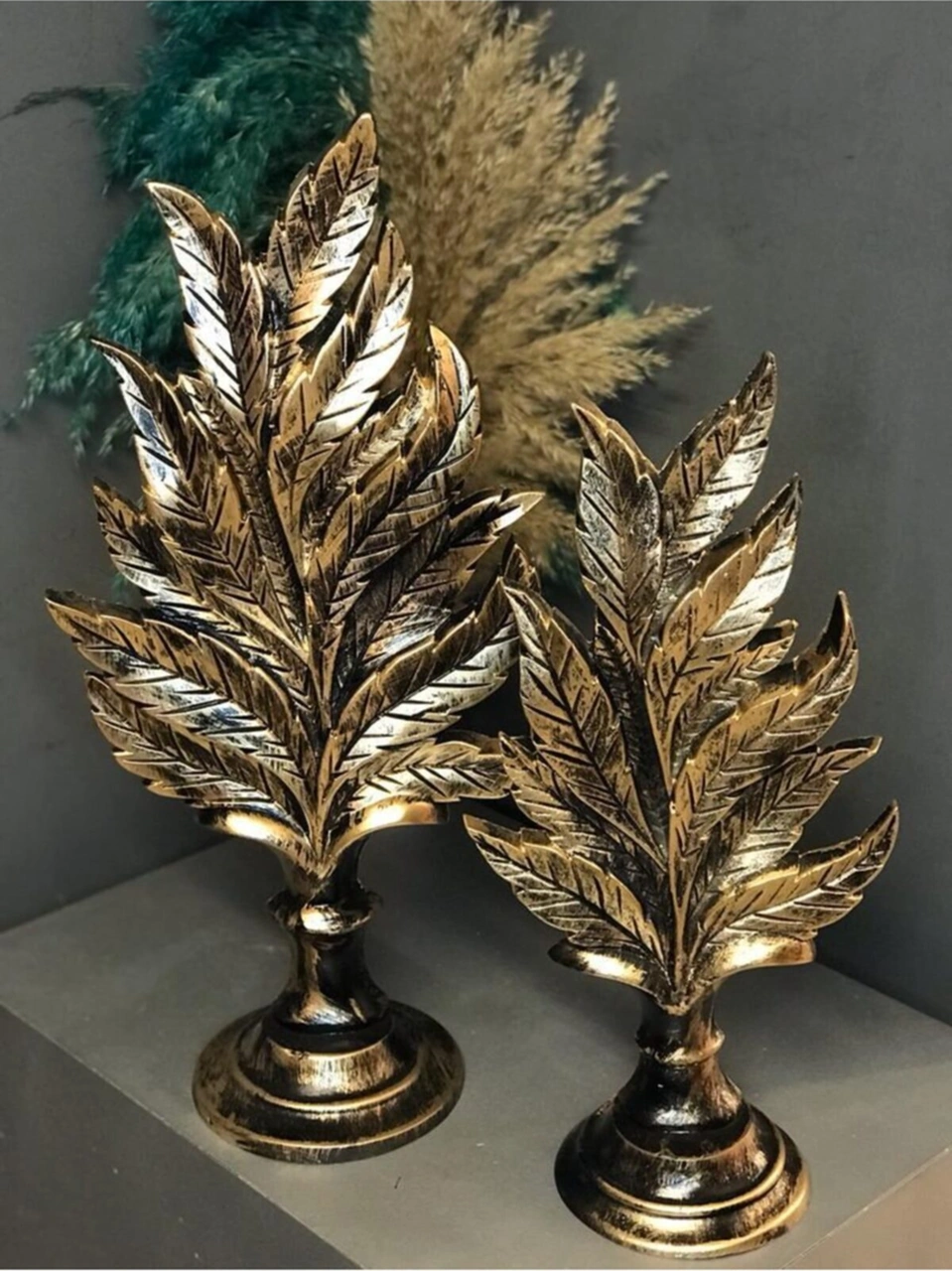 Dekoratif Polyester Ikili Dik Yaprak Ve Üçlü Mumluk Takımı Gold-siyah-eskitme