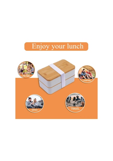 Hangfox Doğal Bambu Kapaklı Çift Katlı Microwave Uyumlu Çalışan/öğrenci Bento Kutusu - Sağlıklı Yemek Taşıma Kutusu Isı Saklama Çantası Dahil Beyaz