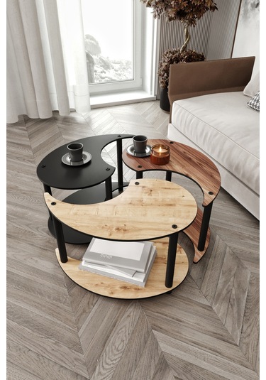 Yin Yang Unity Serenity Orta Sehpa 3 Lü Meşe Ceviz Siyah 70 Cm Meşe