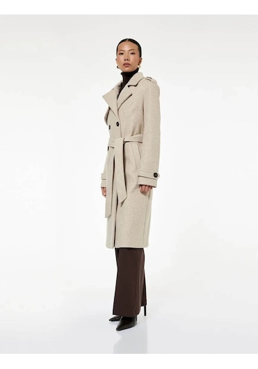 Koton Uzun Kollu Kruvaze Kemerli Uzun Kaşe Ekru Kadın Kaban 6wak00094ew Ekru