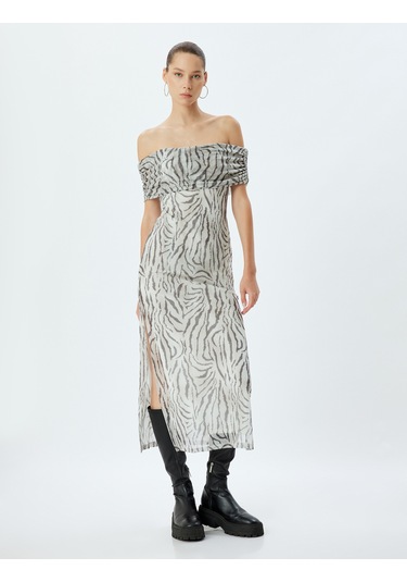 Koton Uzun Tül Elbise Madonna Yaka Zebra Desenli Yırtmaç Detaylı Gri Desenli 4sal80229ık