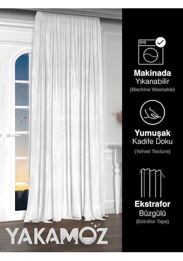 Yakamoz Kadife Görünüm Beyaz Renk Ada Fon Perde Ekstraforlu Velvet Touch Serisi Beyaz