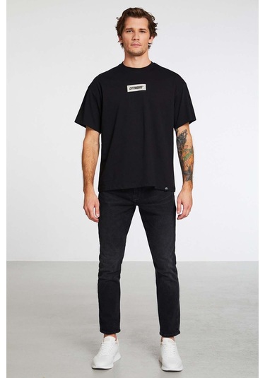 GRIMELANGE Inventıon Erkek %100 Organik Pamuklu Kalın Dokulu Baskı Detaylı Oversize Siyah T-shirt Siyah