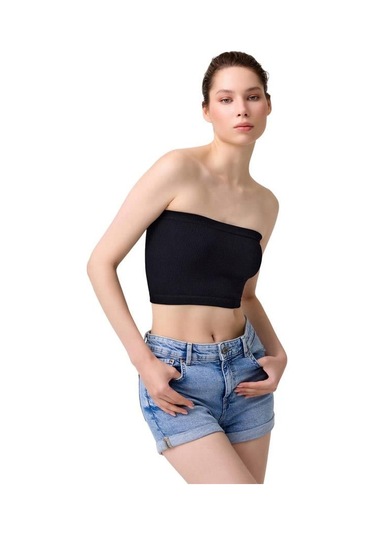 Cottonhill Premium - Kadın Siyah Seamless Straplez Crop Top Büstiyer Siyah