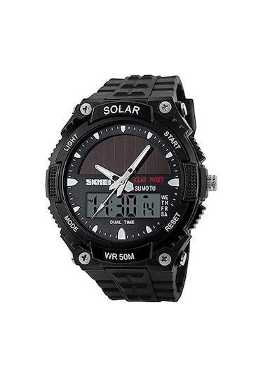 Erkekler Güneş Enerjili Sıradan Kuvars İzle Dijital Ve Analog Çok Fonksiyonlu Spor Saati Siyah Siyah