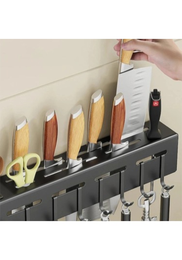 Fortunelane Çelik Duvarlı Bıçak Çubuk Saklama Rafı, 50cm, Perfore Edilmeden Monte Edilebilir, Siyah Mutfak Organizatörü Siyah