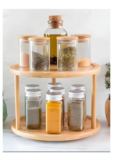 Bambu 360 Dönen 2 Katlı Baharatlık Düzenleyici Doğal, Şık Ve Fonksiyonel Mutfak Standı Bambu