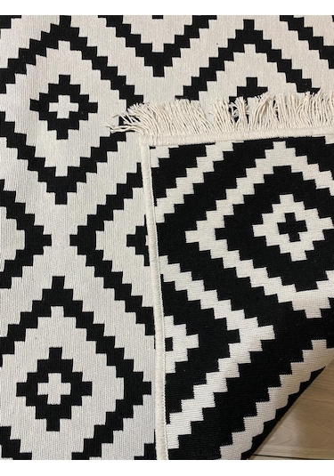 Kilim Çift Taraflı Pamuklu Dokuma Modern Kilim Siyah Beyaz Kilim