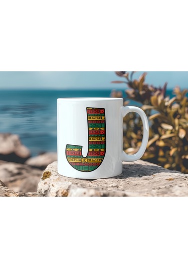 J Harfi Etnik Desenli Kupa - Afrika Tarzı Kahve Çay Kupası - Hediyelik - Black History Beyaz