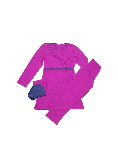 Kadın Tesettür Mayo Uzun Kollu Üstü Yapışmaz Çabuk Kurur Fuşya