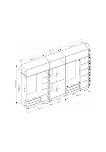 Kale 8 Kapaklı 4 İç Çekmeceli Dolap Ve Yüklük Antrasit Mebran İlkbahar 255cm Antrasit