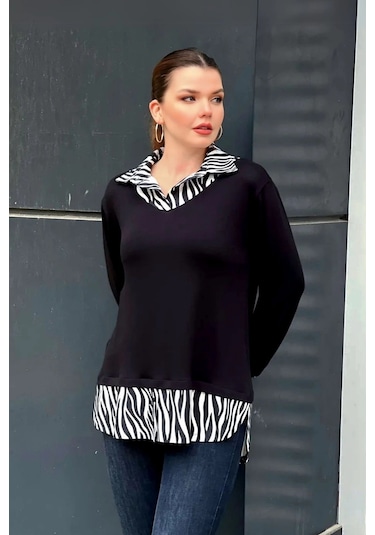 Zebra Desen Gömlekli Bluz Siyah