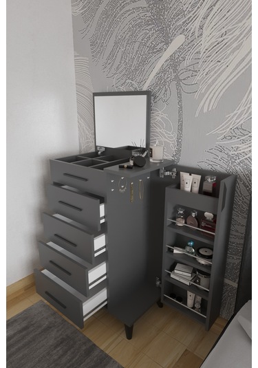 Rose Aynalı Makyaj Masası, Şifonyer, Etijer, Çok Amaçlı Takı Dolabı, Antrasit Antrasit