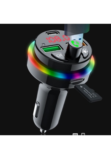 Pdf16 Araba Bluetooth 5.0 Fm Verici Renkli Ortam Işığı Tip C Çift Usb Hızlı Şarj Cihazı