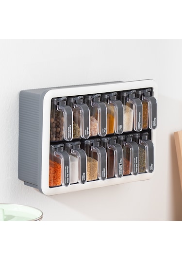 Porsima 1118 12li Standlı Kaşıklı Kapaklı Baharatlık Seti Antrasi Antrasit - Beyaz