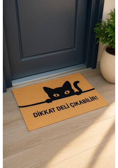 Kedili Paspas Kapı Önü Paspası Kitty Kapı Önü Kaymaz Paspas Dikkat Deli Çıkabilir Paspas Açıkkahverengi - Bej