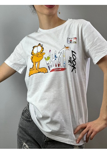 Sarman Kedi Baskılı Tişört T-shirt Unisex Beyaz