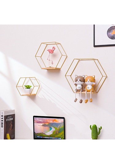 Ranyeek Altın Orta Boy Altıgen Duvar Rafı - Ev Dekorasyonu İçin Pratik Duvarlı Depolama Ve Dekoratif Seyir Rafı Altın