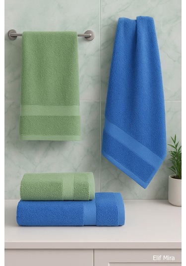 4 Lü Banyo Havlusu Seti %100 Pamuklu 70x140 Cm Pleasure Mavi-yeşil