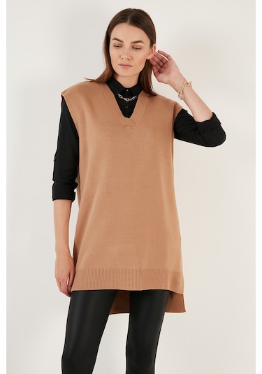 Lela V Yaka Arkası Uzun Triko Bayan Süveter 4616082Y Camel