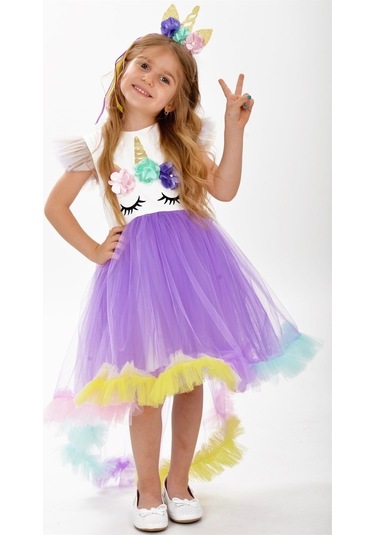 Unicorn Leylak Kuyruk Detaylı Gökkuşağı Taçlı Kız Çocuk Parti Elb