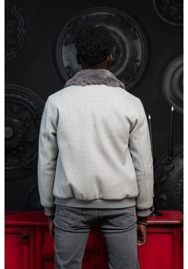 Slimfit Kürklü Sabit Yaka Beli Lastikli Astarlı Kaşe Mont Gri