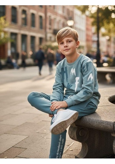 Zekids Erkek Çocuk Pamuklu Baskılı Eşofman Takım-16324 Mint Yeşili