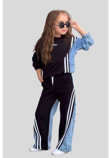 5-14 Yaş Perfect Kot Garnili Şeritli Kız Çocuk Takım Siyah Siyah
