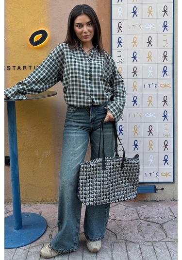 Madmext Yeşil Oversize Kareli Kadın Gömlek Mg2822