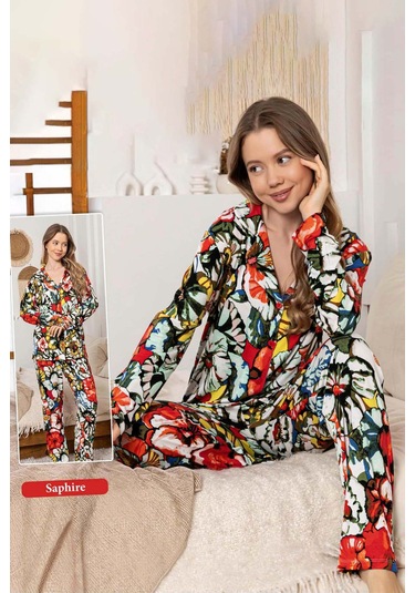 Kadın Çiçek Desen Düğmeli Saphire Pijama Takımı 0357 Çok Renkli Çok Renkli