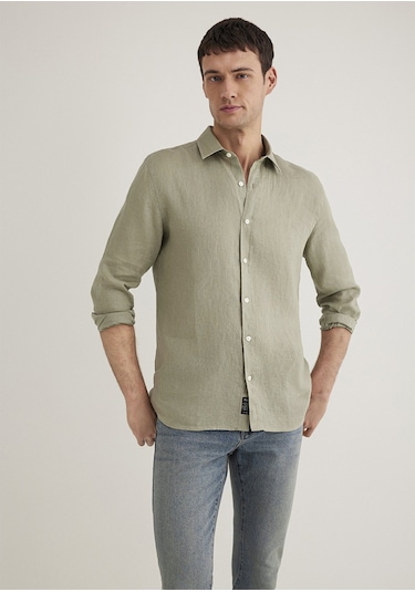 Mavi - Yeşil Keten Gömlek 0211466-71481 Yeşil