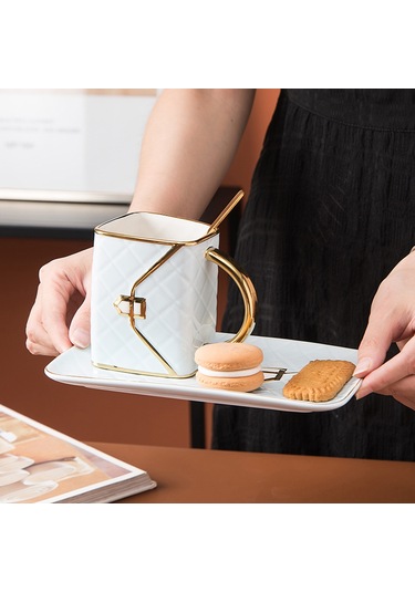 Neevoyu 310ml Seramik El Çantası Desenli Kahve Fincanı Seti: Fincan, Tabak Ve Kaşık - Pembe Pembe