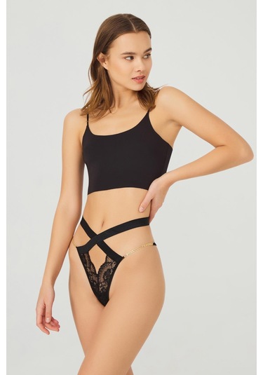 Dantelli Zincir Detaylı Kadın Tanga Külot 3'lü Paket Renkli-2 Çok Renkli