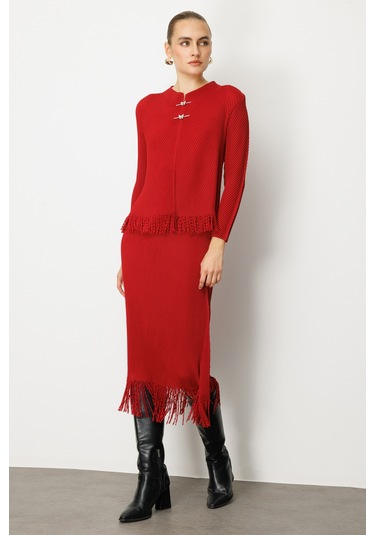 Ekol Kadın Beli Lastikli Püsküllü Etek 3911 Bordo Bordo