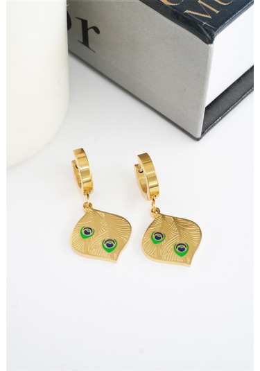 Kadın 316l Çelik Kararmaz Mineli Tüy Figürlü Küpe Seti Çelik