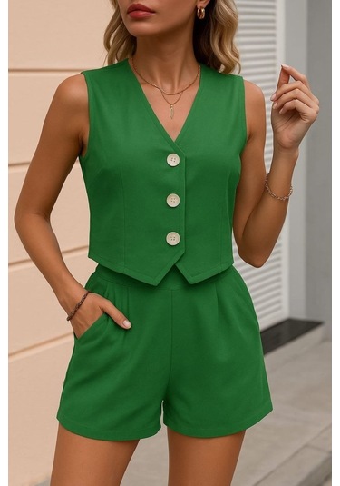 Sensuelle Kadın Kolsuz Askılı V Yakalı Önden Düğmeli Ithal Keten Ceket Ve Short Ikili Takım Yeşil