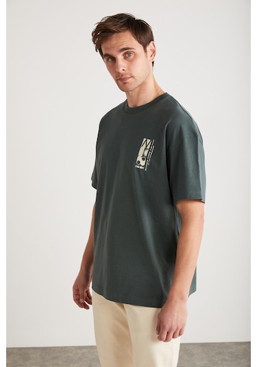 Antonıo Erkek Baskı Detaylı %100 Organik Pamuk Örme Oversize Yeşil T-shirt