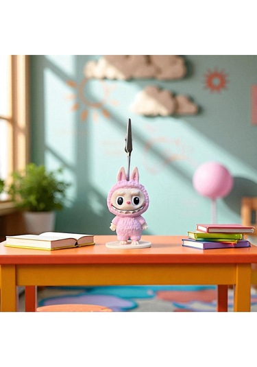 Dekoratif Sevimli Labubu Notluk - Kağıt Tutacağı - Fotoğraf Tutacak Bebek Pembe