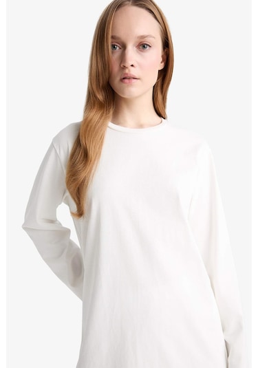 Defacto Regular Fit Bisiklet Yaka Uzun Kollu Tişört Tunik D4897ax25auer242 Ekru