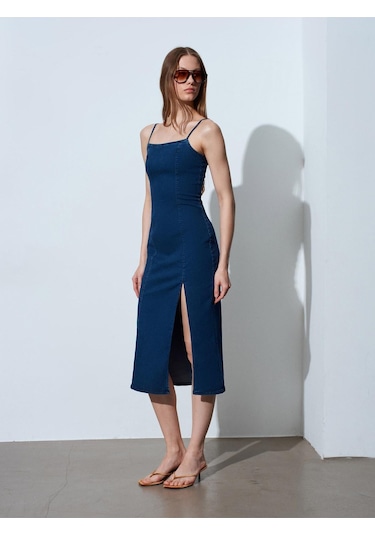 Dilvin 90584 Denim Yırtmaçlı Elbise-mavi-15321