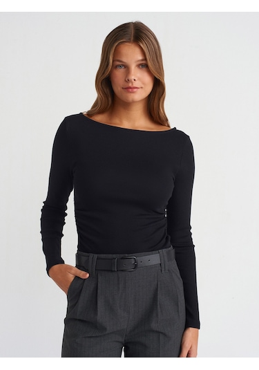 Dilvin 31401 Büzgülü Kayık Yaka Top Siyah