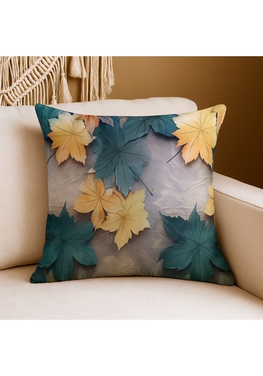 Sonbahar Yaprak Desenli Kırlent Kılıfı Turkuaz & Sarı Renkli, Dijital Duck Kumaş, Dekoratif Yastık 40 x 40