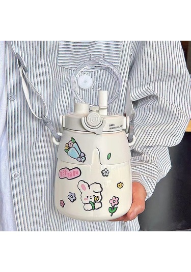 Dinosaurs 1l Sevimli Termos Paslanmaz Çelik Çift Içme Kabı Göbek Saman Su Şişesi-331 Altın