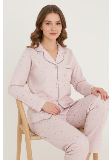 Luxury Viscose Pudra Pembe Minik Kalp Desenli Kadın Uzun Kollu Pijama Takımı 42545 Pembe