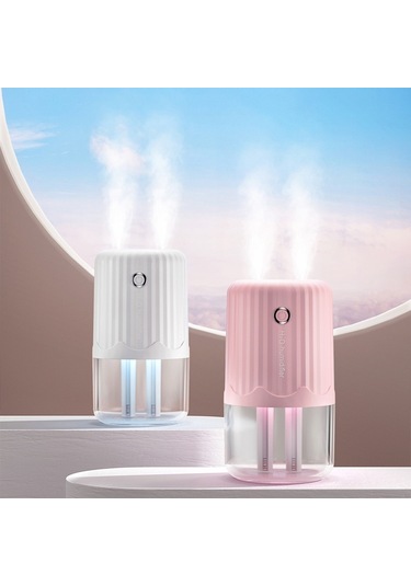 T06 Büyük Kapasiteli Atmosfer Gece Lambası Ev Tipi Çift Sprey Hava Nemlendirici, Renk: Beyaz Pil